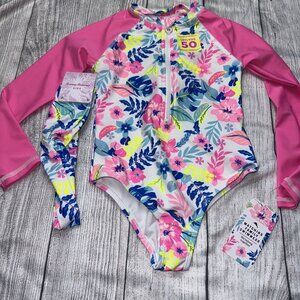 Tommy Bahama Girls Size 5 Pink Floral Long Sleeve Rash guard Swimsuit NEW